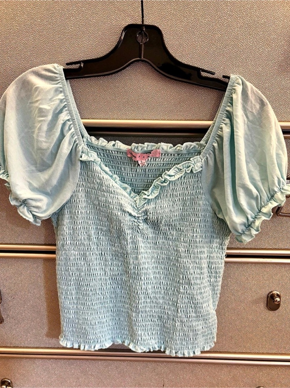 Smocked Puff Sleeve Crop Top in Blue Size Medium